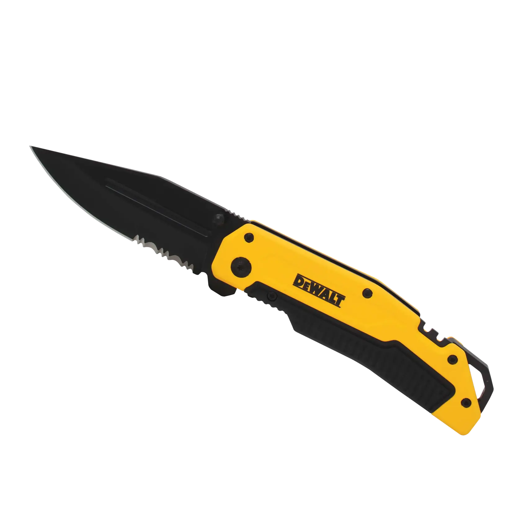 A DEWALT folding utility knife with a partially serrated black blade and a yellow and black handle.