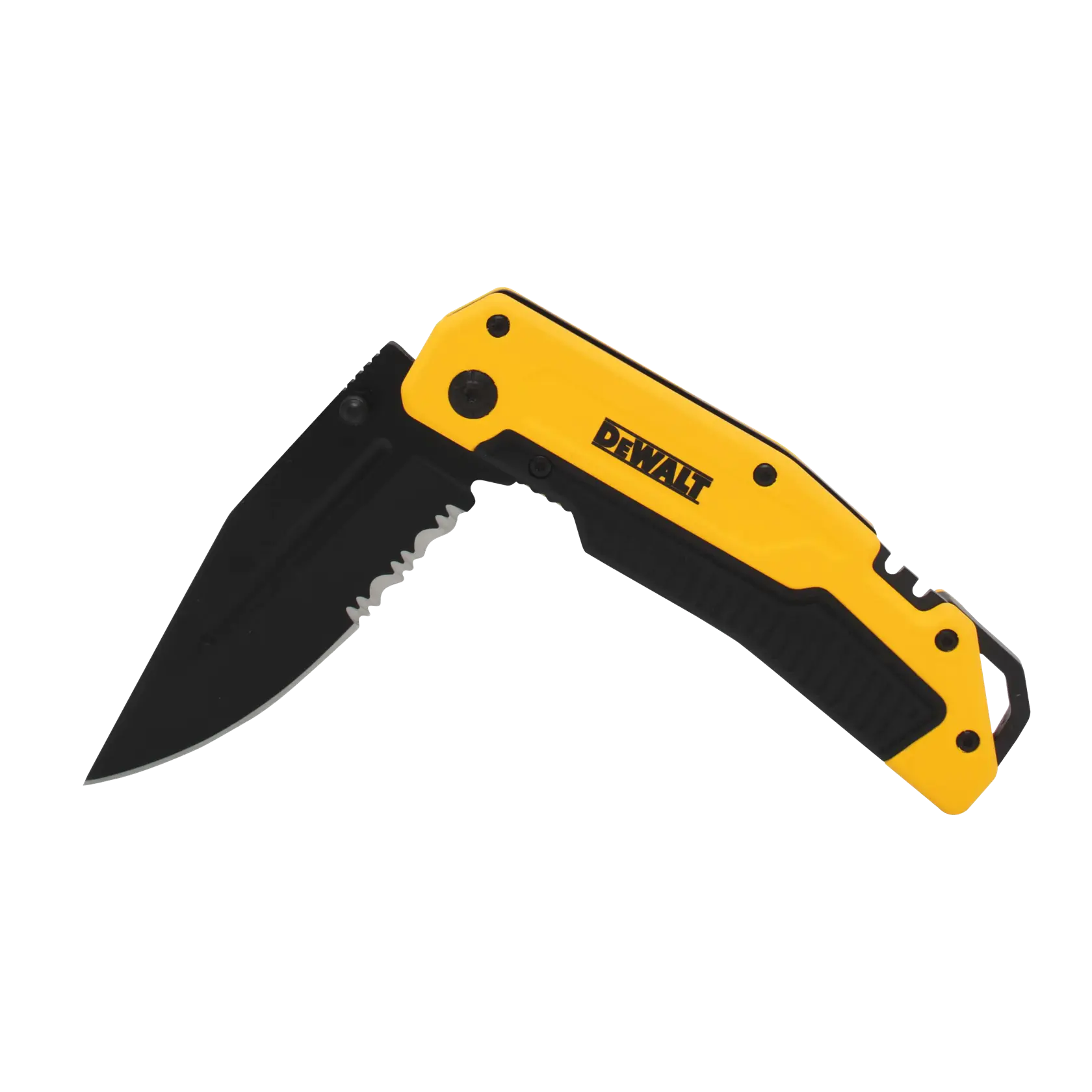 A yellow and black folding pocket knife with a partially serrated blade and DEWALT branding on the handle.