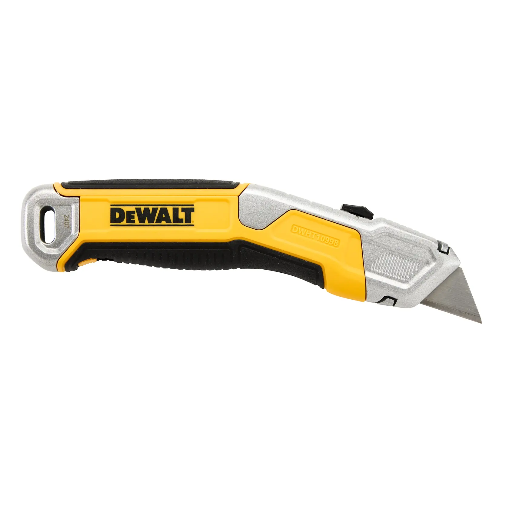 DEWALT® DWHT10998 Non Folding Knife back side with blade extended on white at a profile view