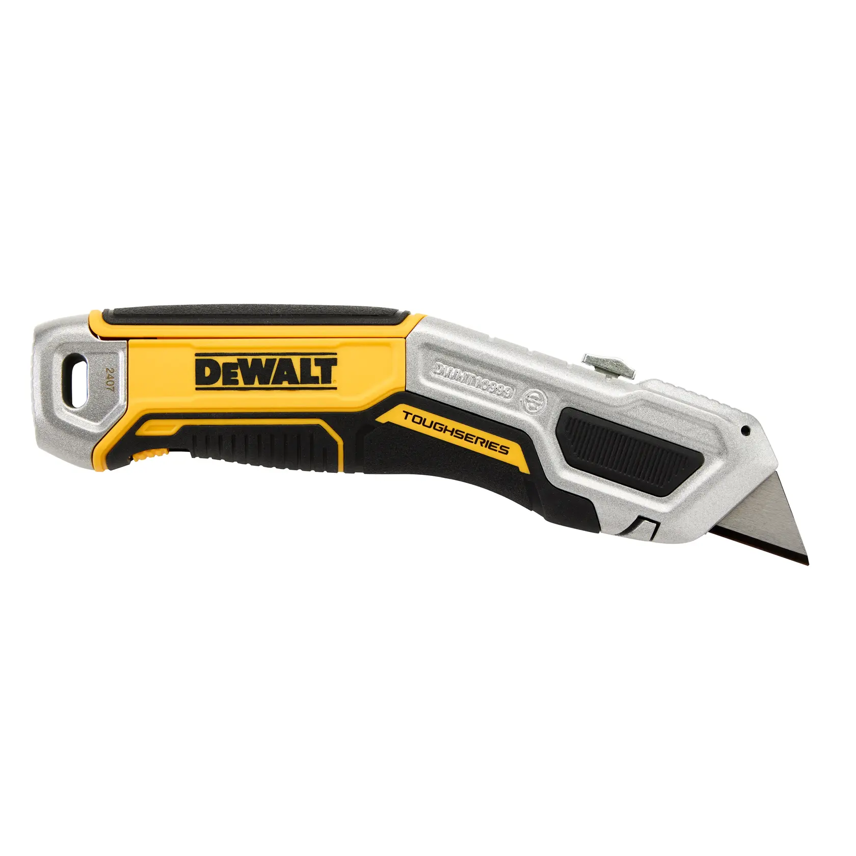 DEWALT® TOUGHSERIES™ DWHT10999 Non Folding Knife back side with blade extended on white at a profile view