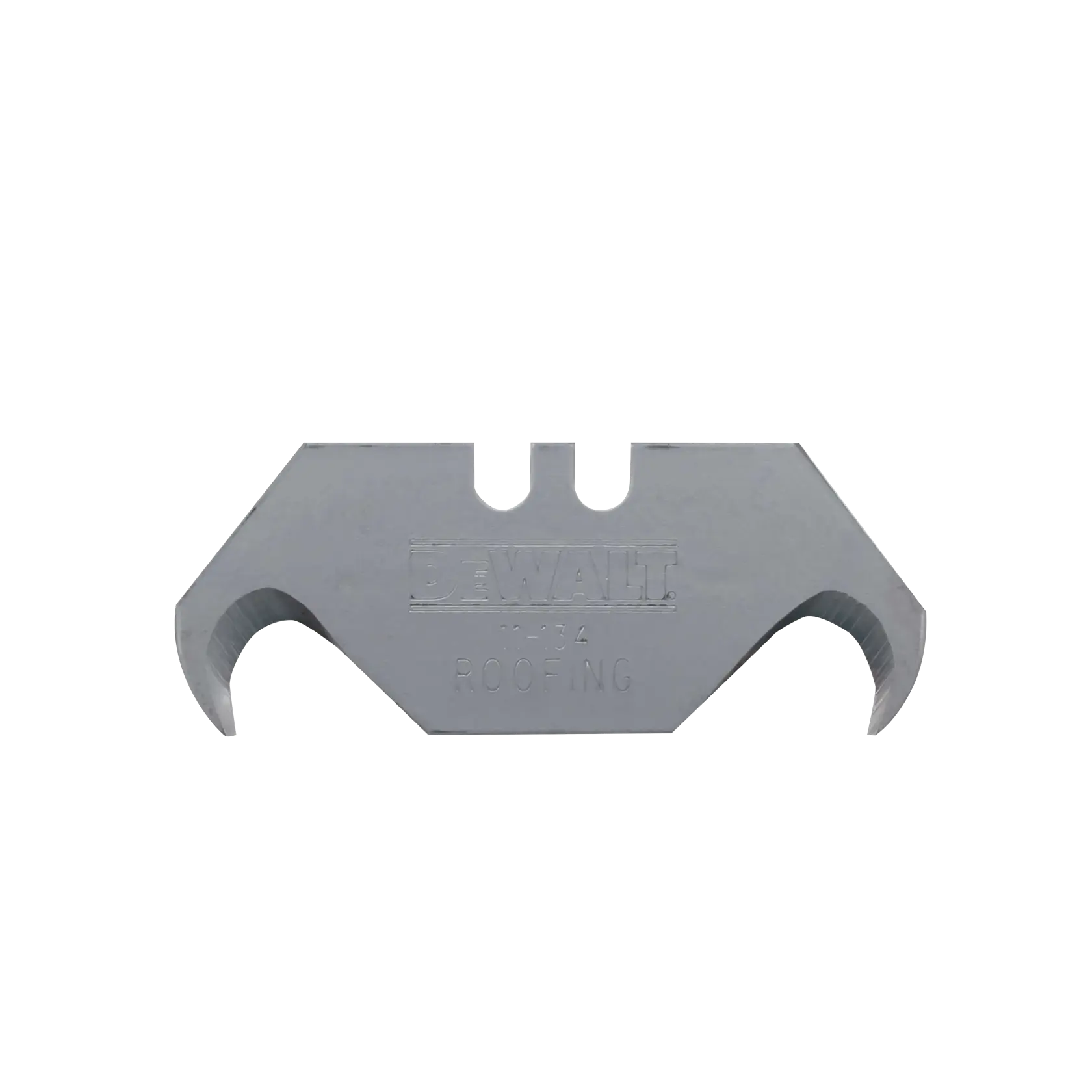 A DEWALT roofing utility blade with curved hooks and engraved branding, designed for cutting roofing materials.