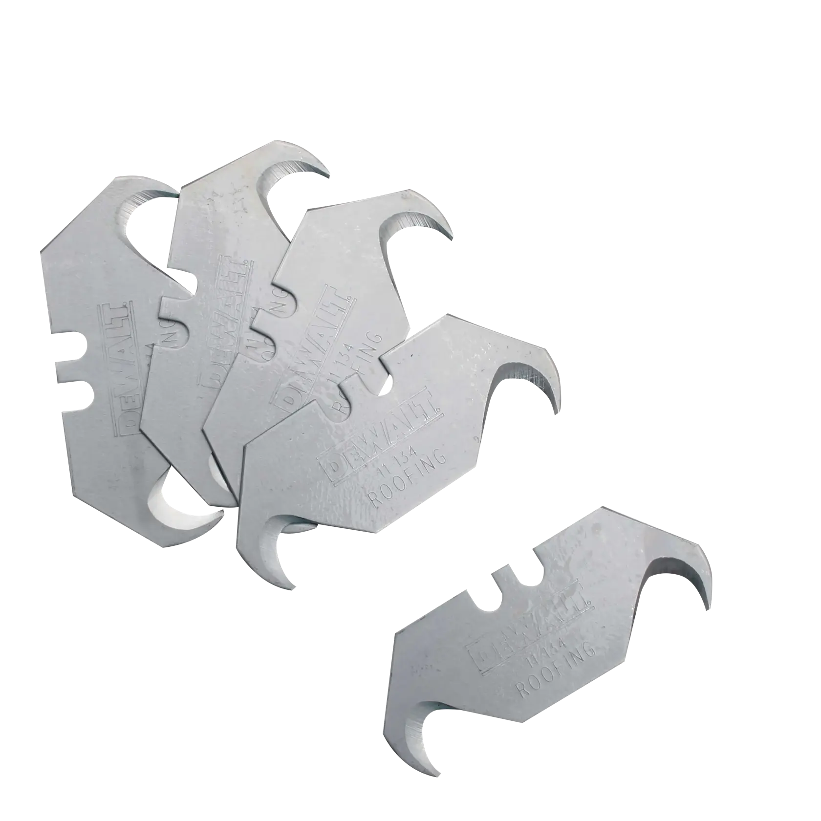 Several DEWALT roofing utility blades with a hook shape, arranged overlapping each other. The blades are metallic and have the DEWALT branding and product details engraved on their surface.