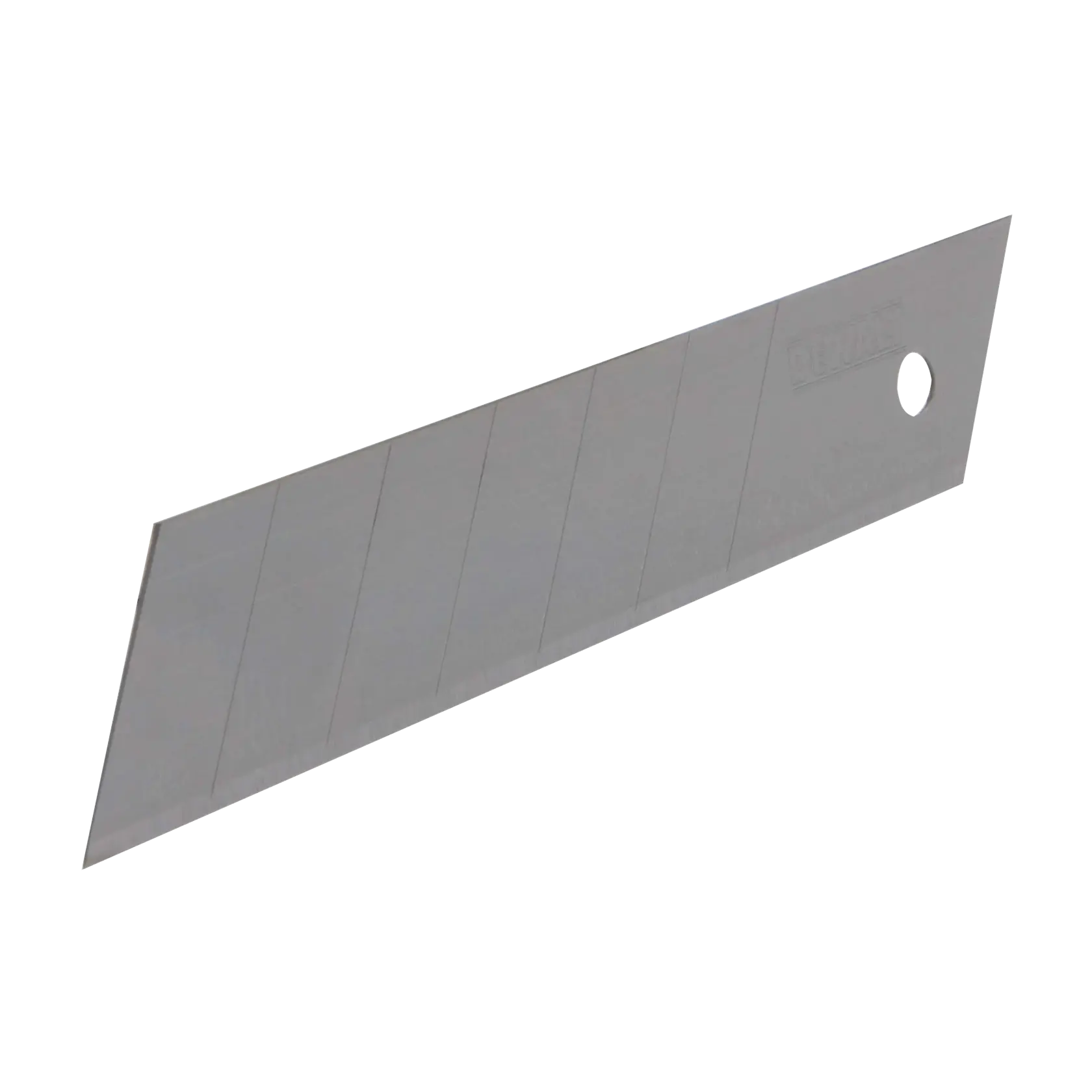 A single segmented utility knife blade made of metal, designed for snap-off use. The blade is flat, rectangular, with one end angled to a sharp point and features several scored segments for breaking off dull sections. There is a hole near one end for attaching or securing.