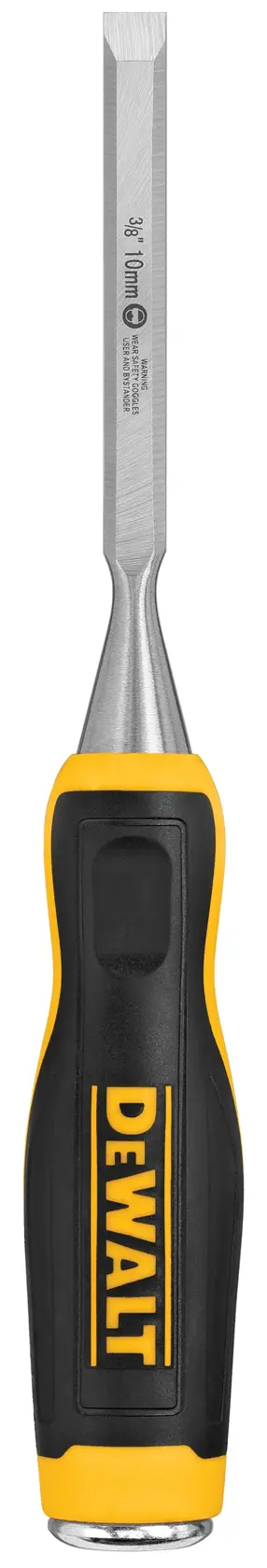 A DEWALT woodworking chisel with a black and yellow ergonomic handle and a metal blade, shown vertically against a white background.