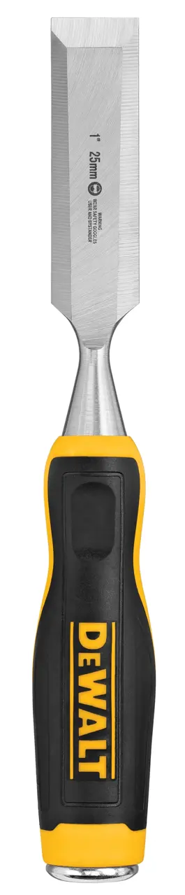 A DEWALT woodworking chisel with a black and yellow handle and a sharp metal blade, shown on a white background.