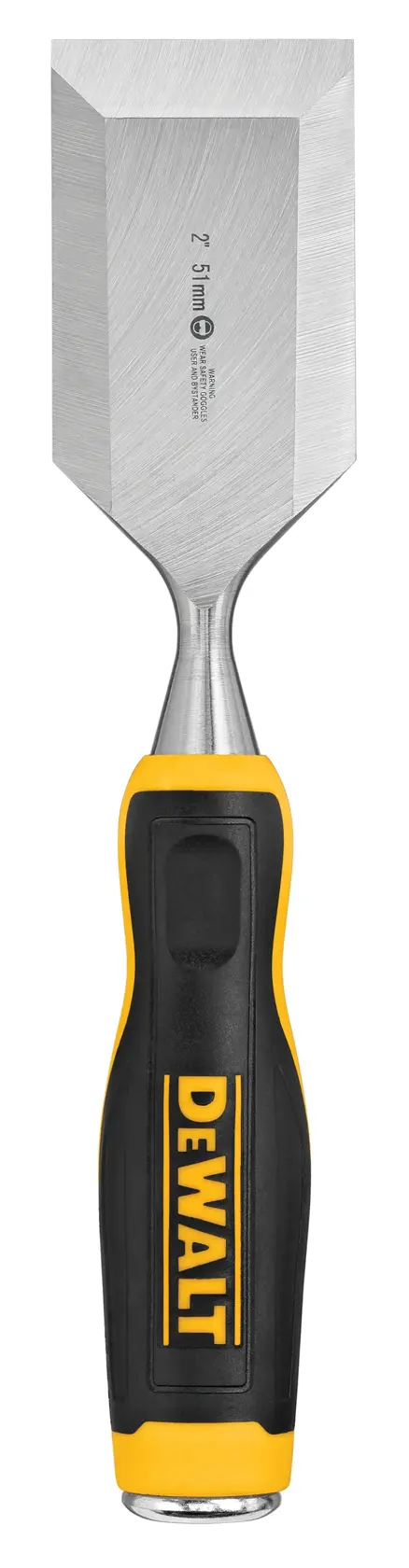 A DEWALT brand wood chisel with a wide, sharp metal blade and black and yellow ergonomic handle, shown against a white background.