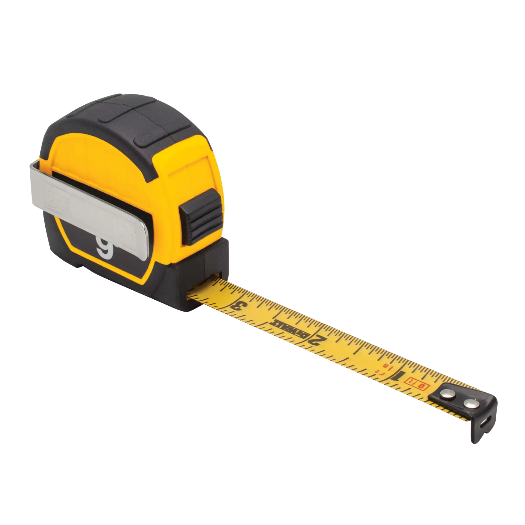 Profile of 9 feet Magnetic Pocket Tape Measure with blade pulled out.