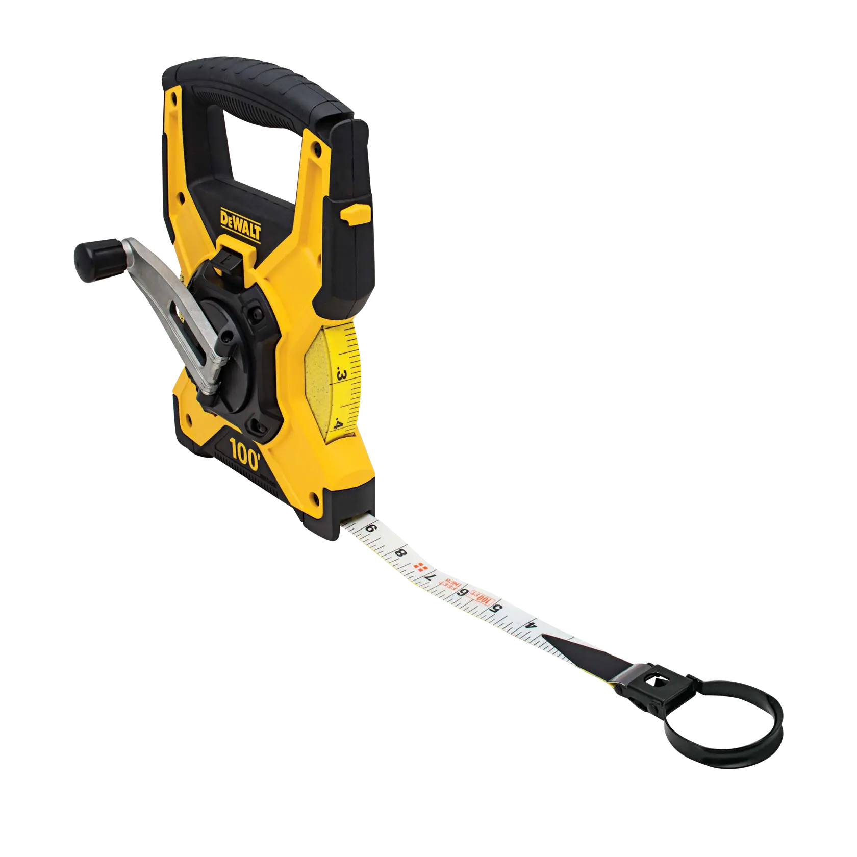 Profile of 100 feet Fiberglass Long Tape with blade pulled out.