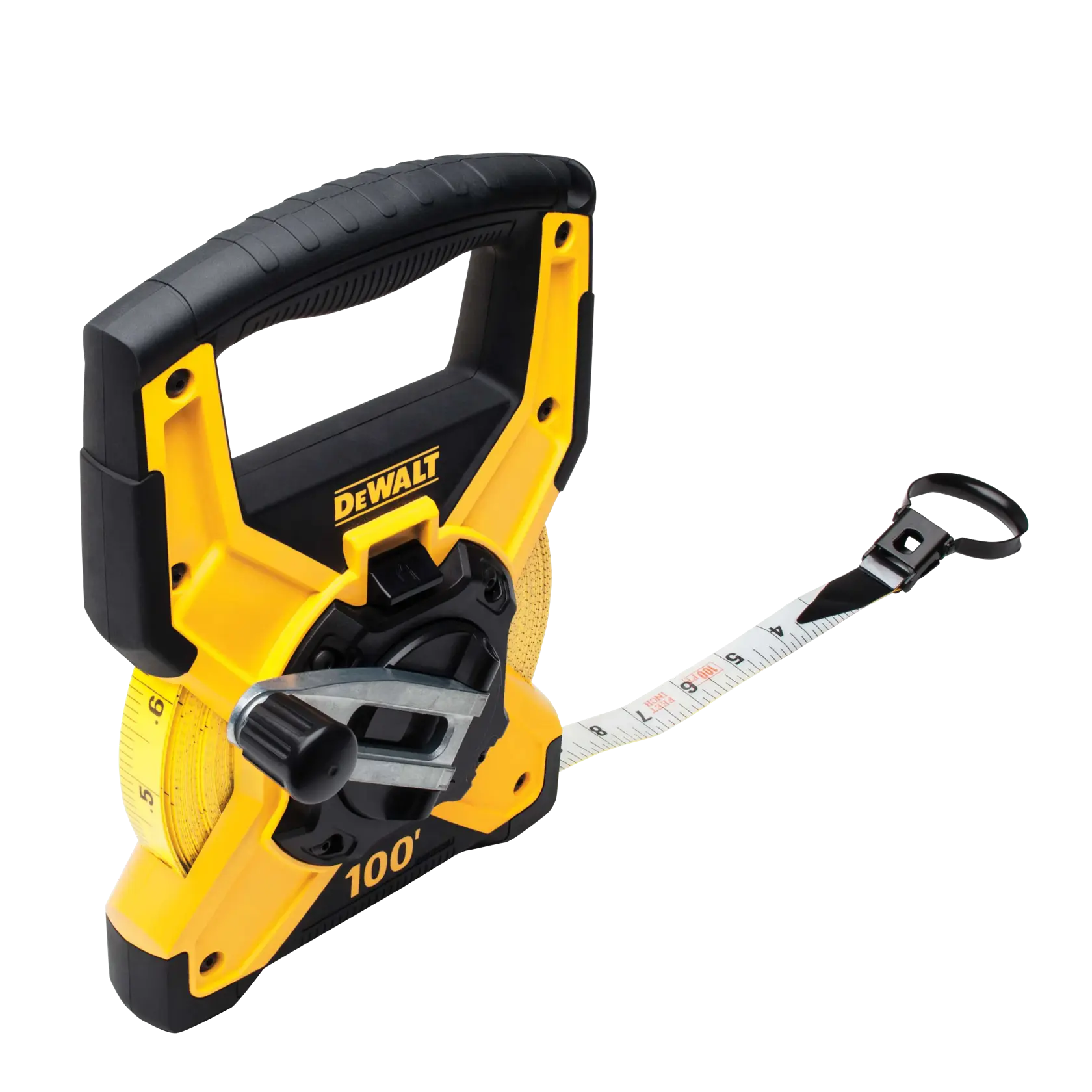 Profile of 100 feet Fiberglass Long Tape with blade pulled out.