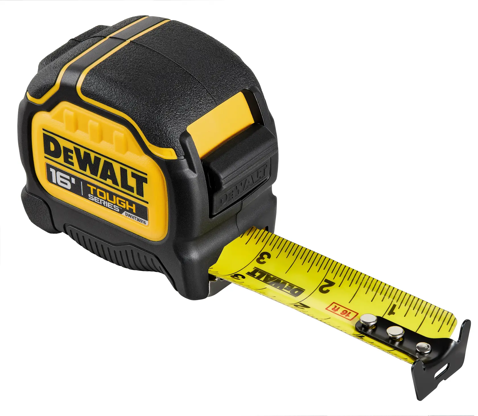 Profile of Tough Series 16 feet Tape Measure with blade pulled out and hook magnet removed.