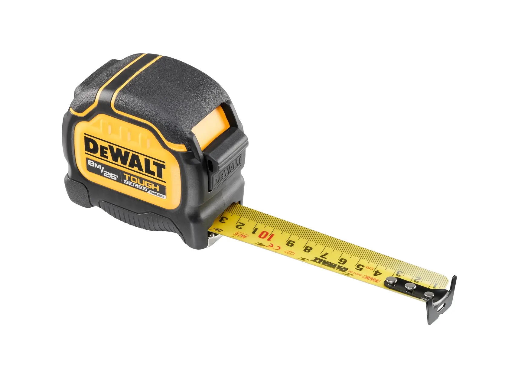 Sideview of ToughSeries 26 feet 8 meters Tape Measure with tape extended.