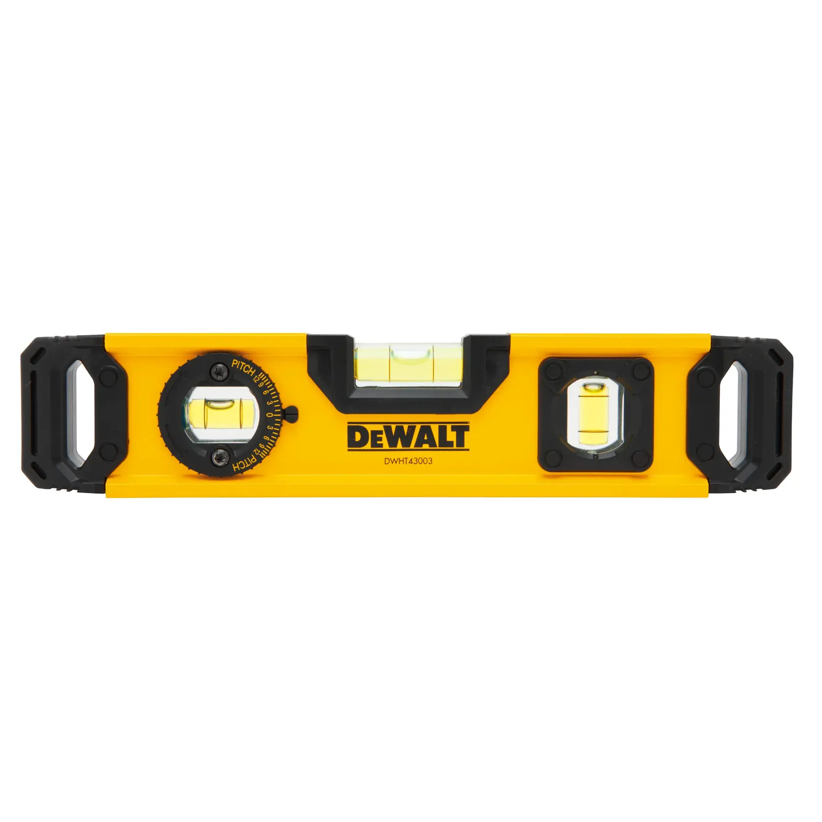 A yellow and black DeWalt spirit level tool with three bubble vials and a rotating dial for pitch measurement, designed for precision leveling.