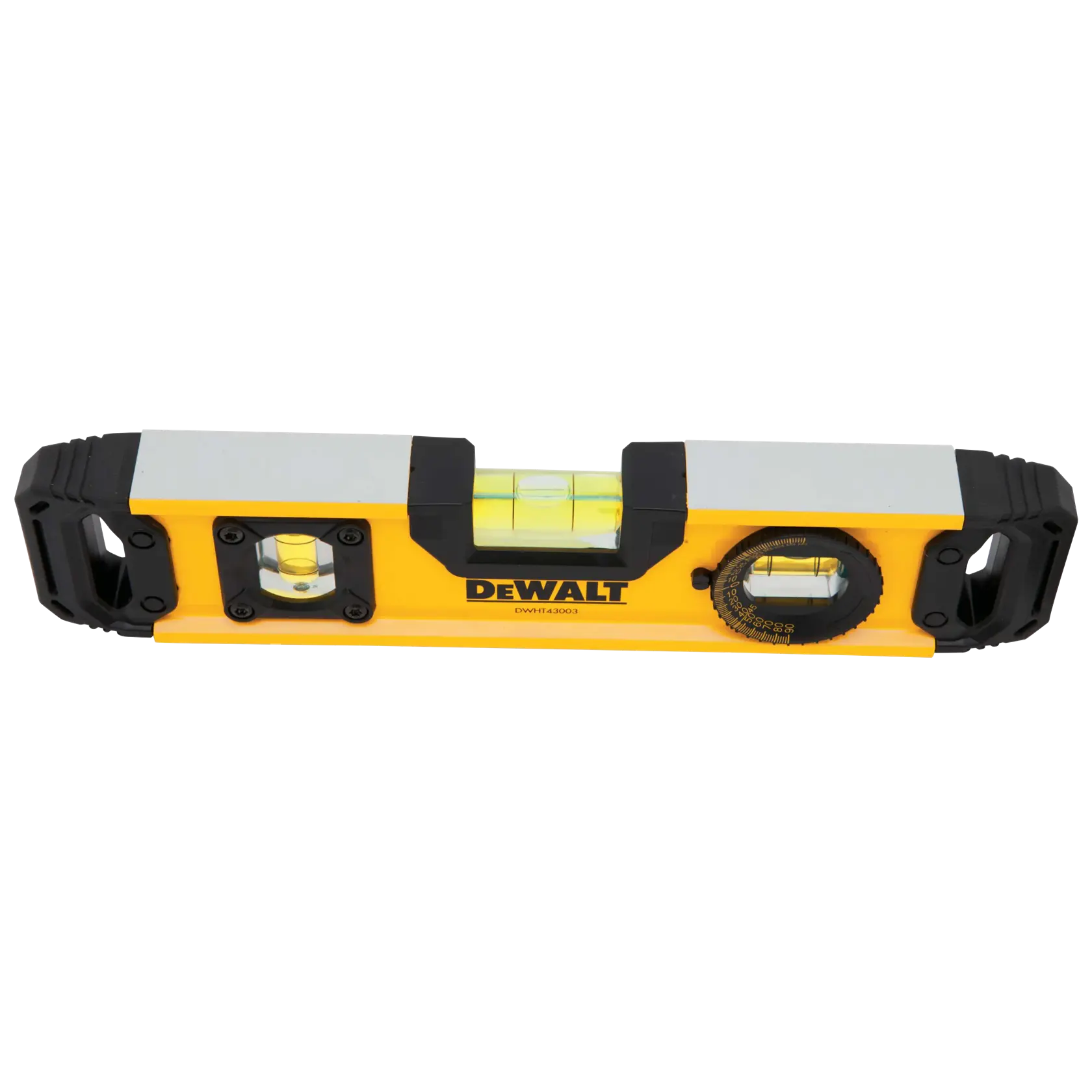 A yellow and black DEWALT spirit level with three bubble vials and a rotating dial for angle measurement.