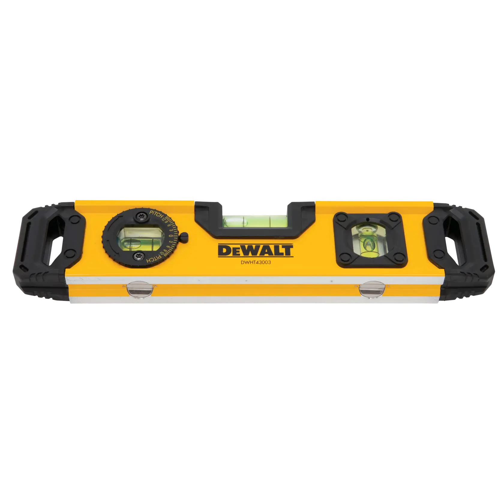 A yellow and black DEWALT spirit level with three bubble vials, heavy-duty corners, and ergonomic handles.