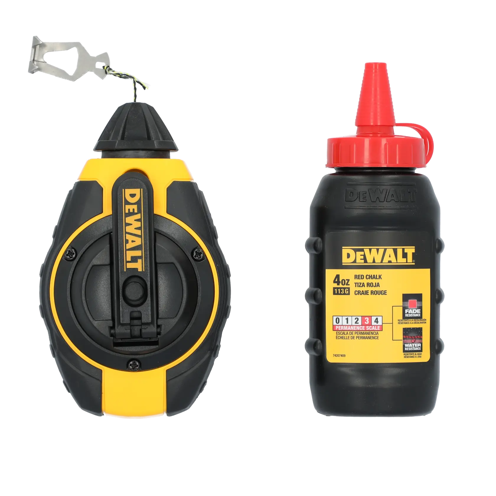 DEWALT chalk line reel and a bottle of red chalk powder, photographed against a white background.