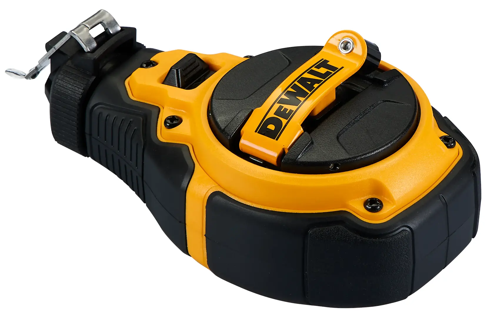 A DEWALT chalk line reel with a durable yellow and black casing, featuring a handle for winding and a metal clip for securing the tool.