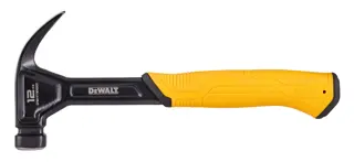A DEWALT 12 oz claw hammer with a black head and a yellow ergonomic handle, shown against a white background.