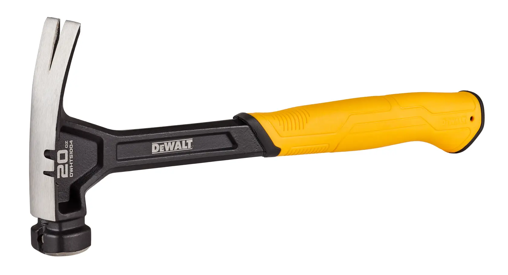 Profile of 20 ounce steel rip claw nailing hammer.