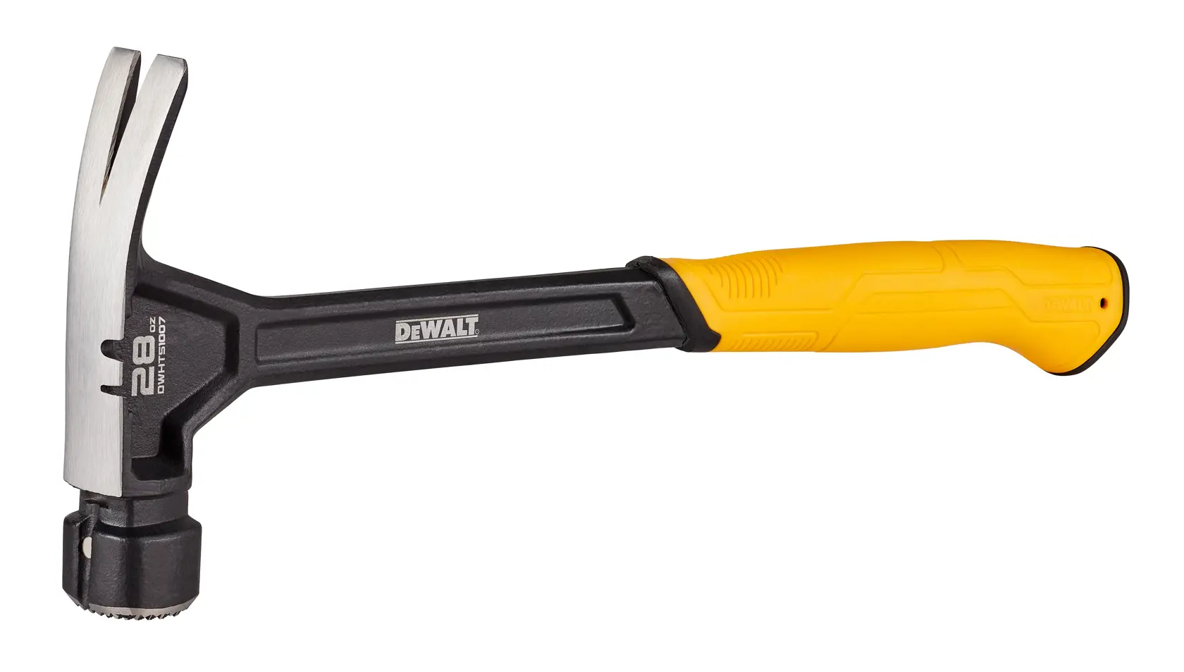 Left profile of a 28 ounce steel framing hammer.