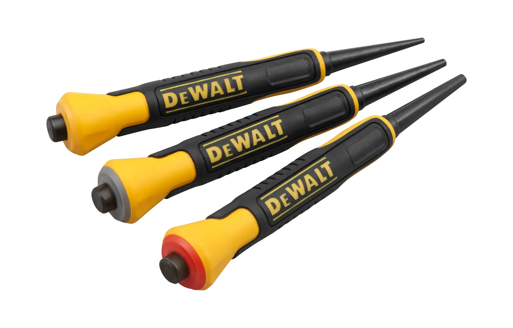 Three DEWALT hand tools with flared yellow and black grips are shown side by side. The text below states: 'FLARED GRIP helps to protect hand against glancing blows.'