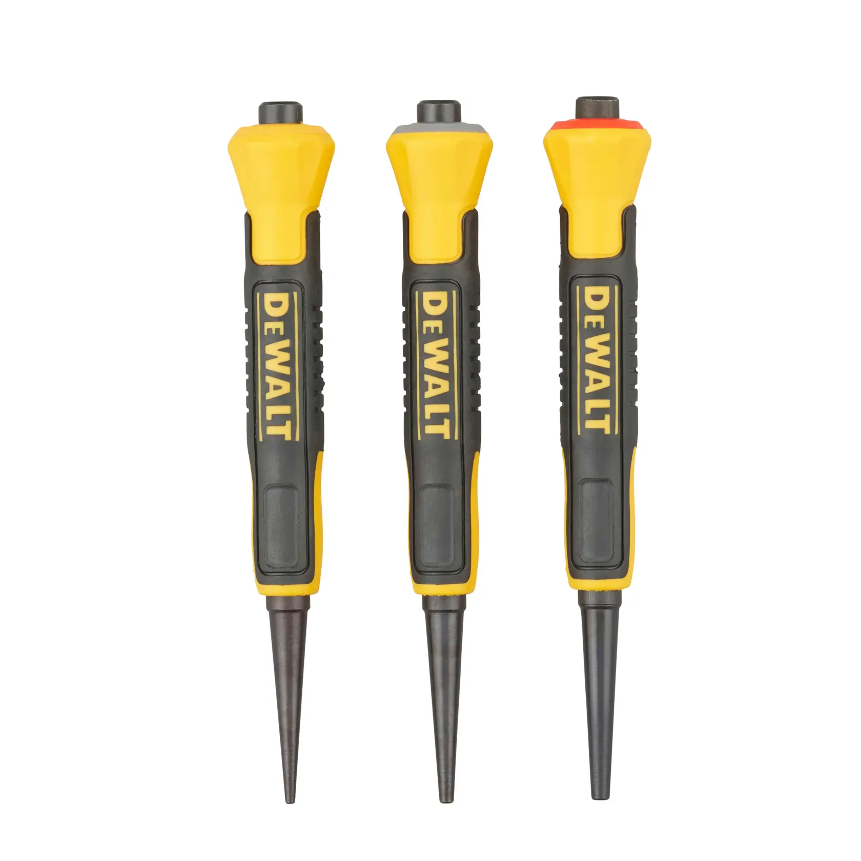 Three DEWALT punch tools with yellow and black handles, each featuring a color-coded tip for easy identification of size. The tips are marked with yellow, gray, and red colors. Text below reads: 'Color coded by tip size for easy identification.'