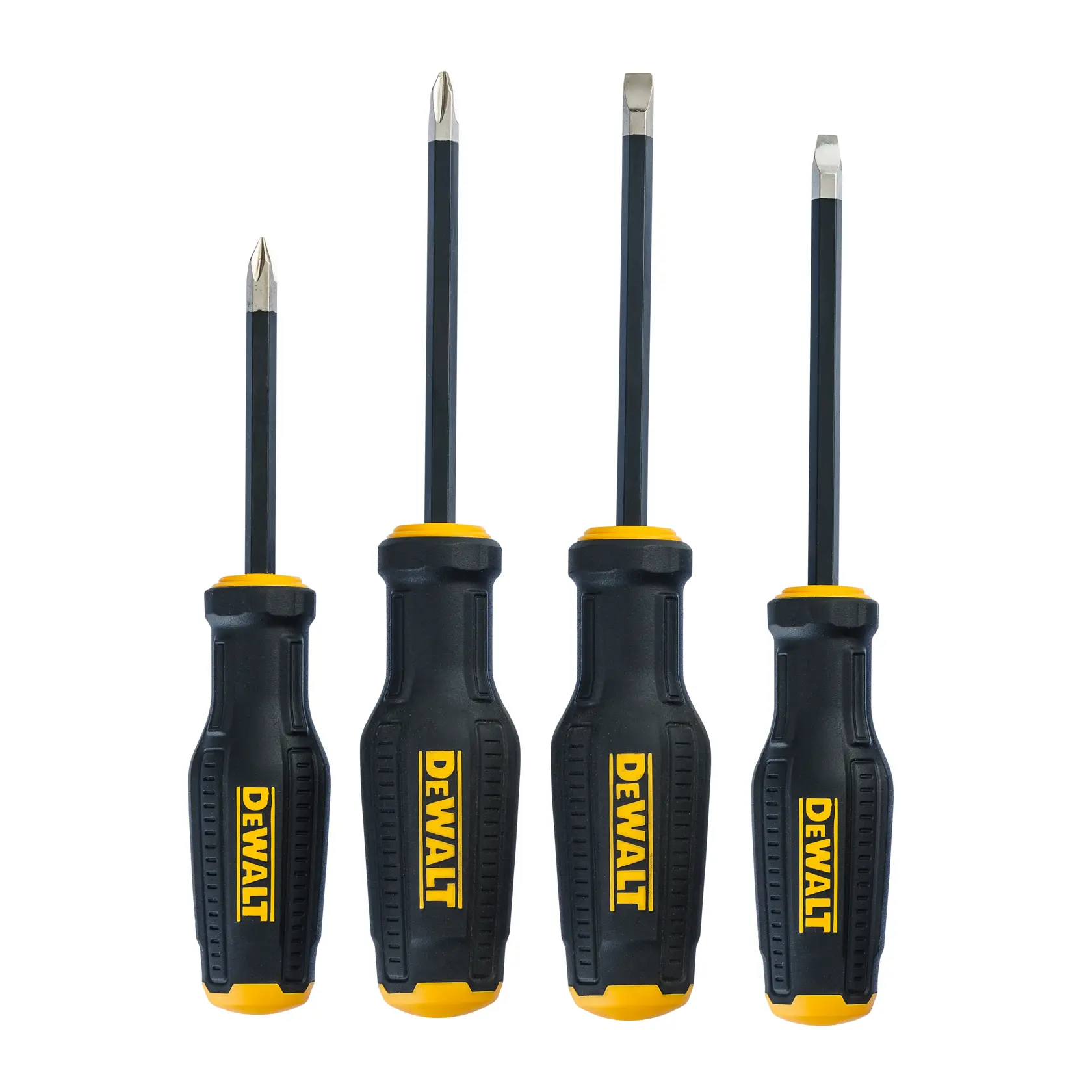 A set of four DEWALT screwdrivers with black and yellow handles, two with Phillips heads and two with flat heads, shown standing upright.