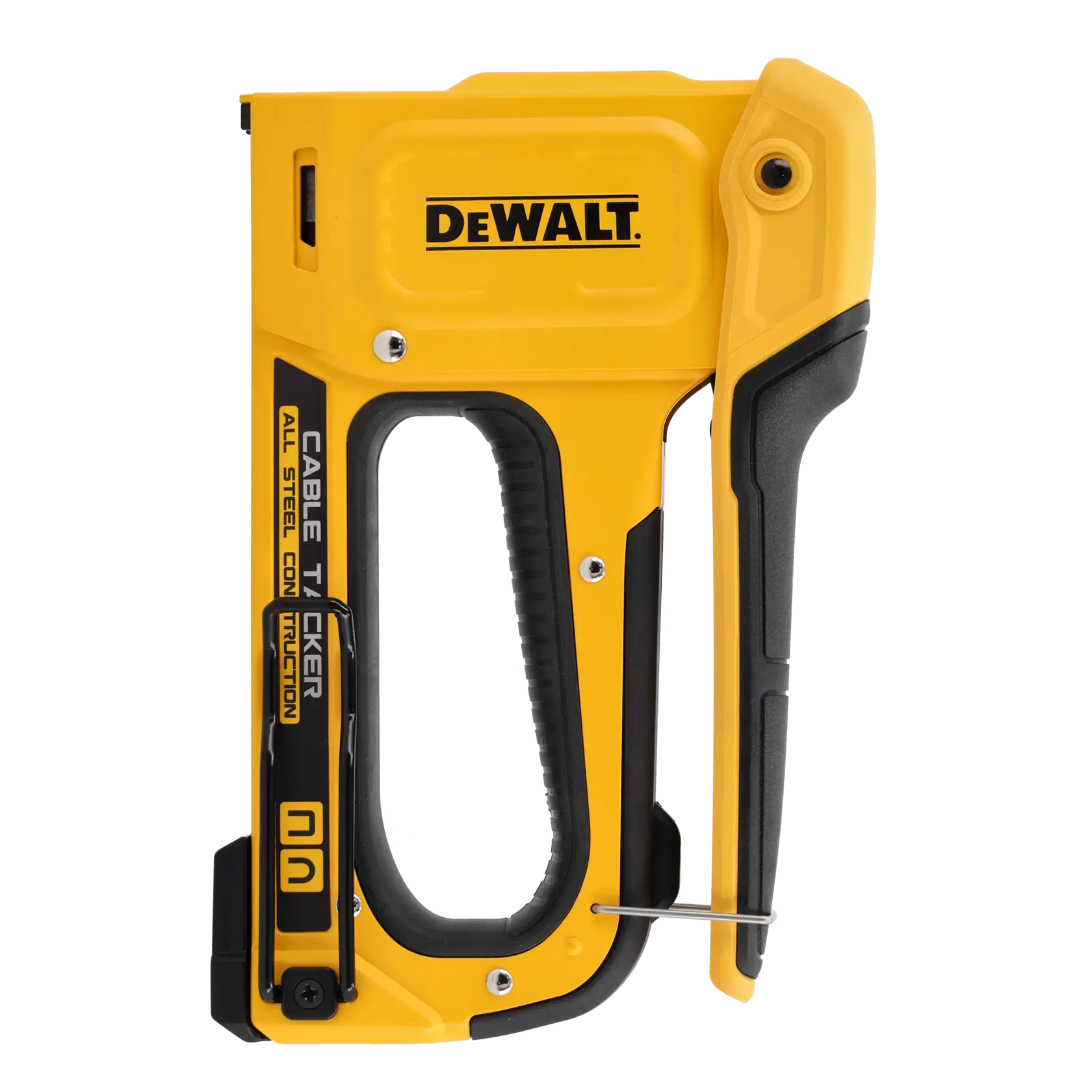 A yellow and black DeWalt cable tacker staple gun, designed for securing cables, with an ergonomic handle and steel construction.