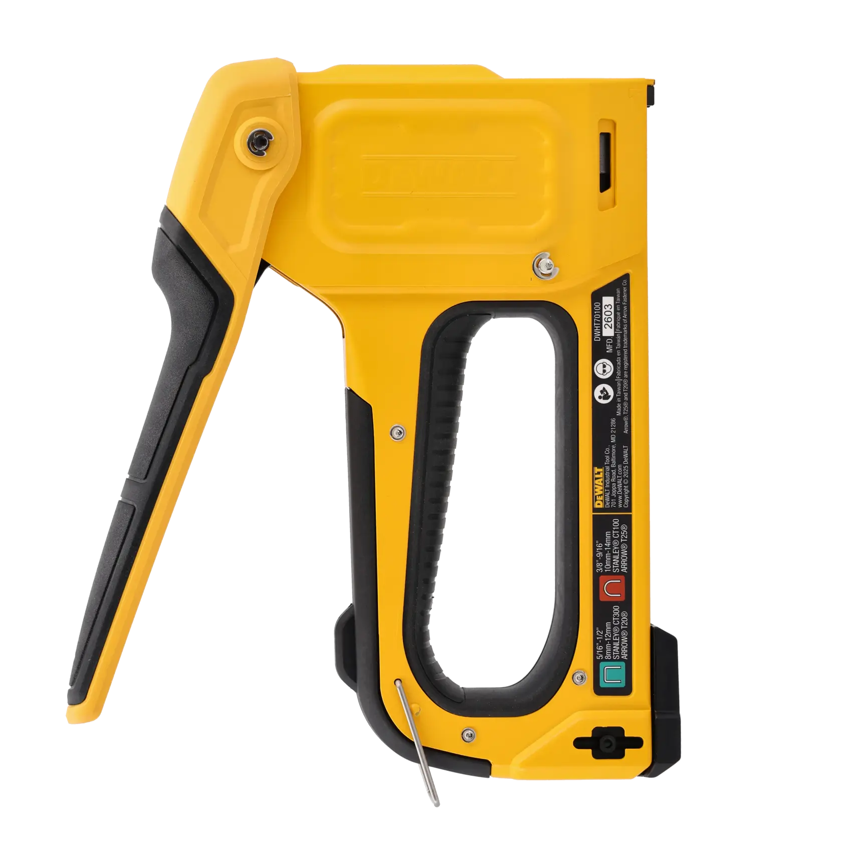 A yellow and black manual staple gun with ergonomic grip, shown in a side view against a white background. Product labeling and usage instructions are visible on the side.