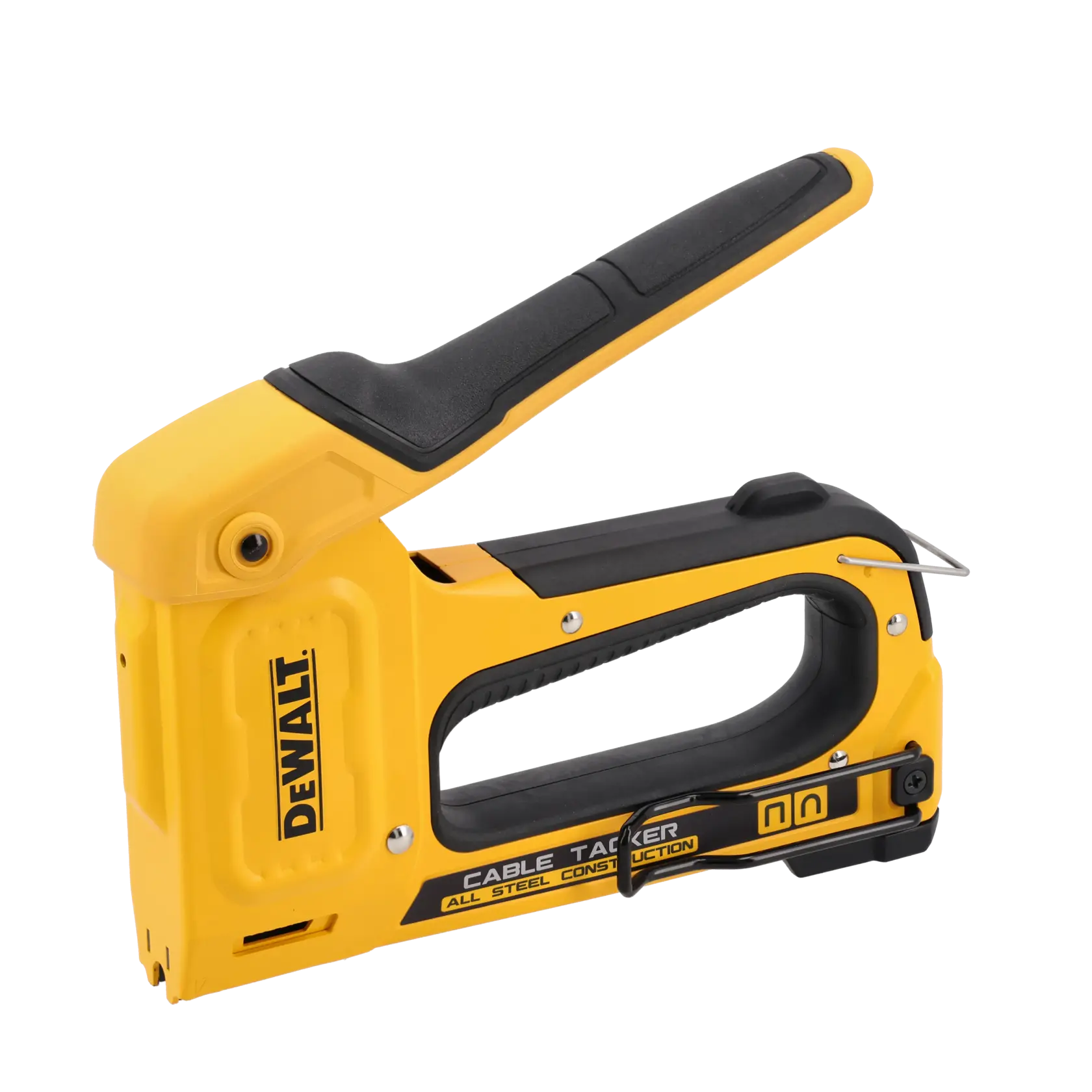 A yellow and black Dewalt cable tacker with an ergonomic handle and steel construction, designed for securing cables.