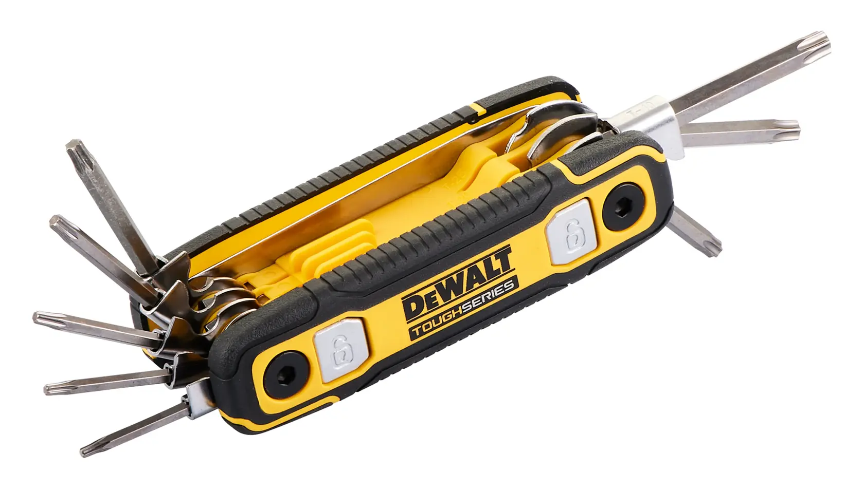 DEWALT® TOUGHSERIES™ DWHT70268 TORX folding hex key on white at a 45 degree view from the left 