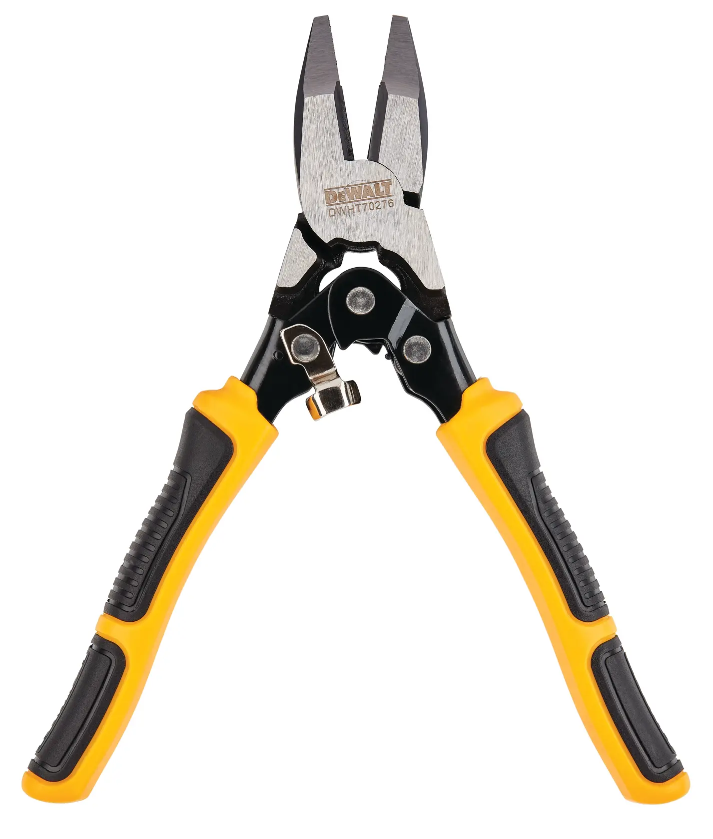 A pair of DEWALT linesman pliers with yellow and black cushioned handles, model DWHT70276, shown against a white background.