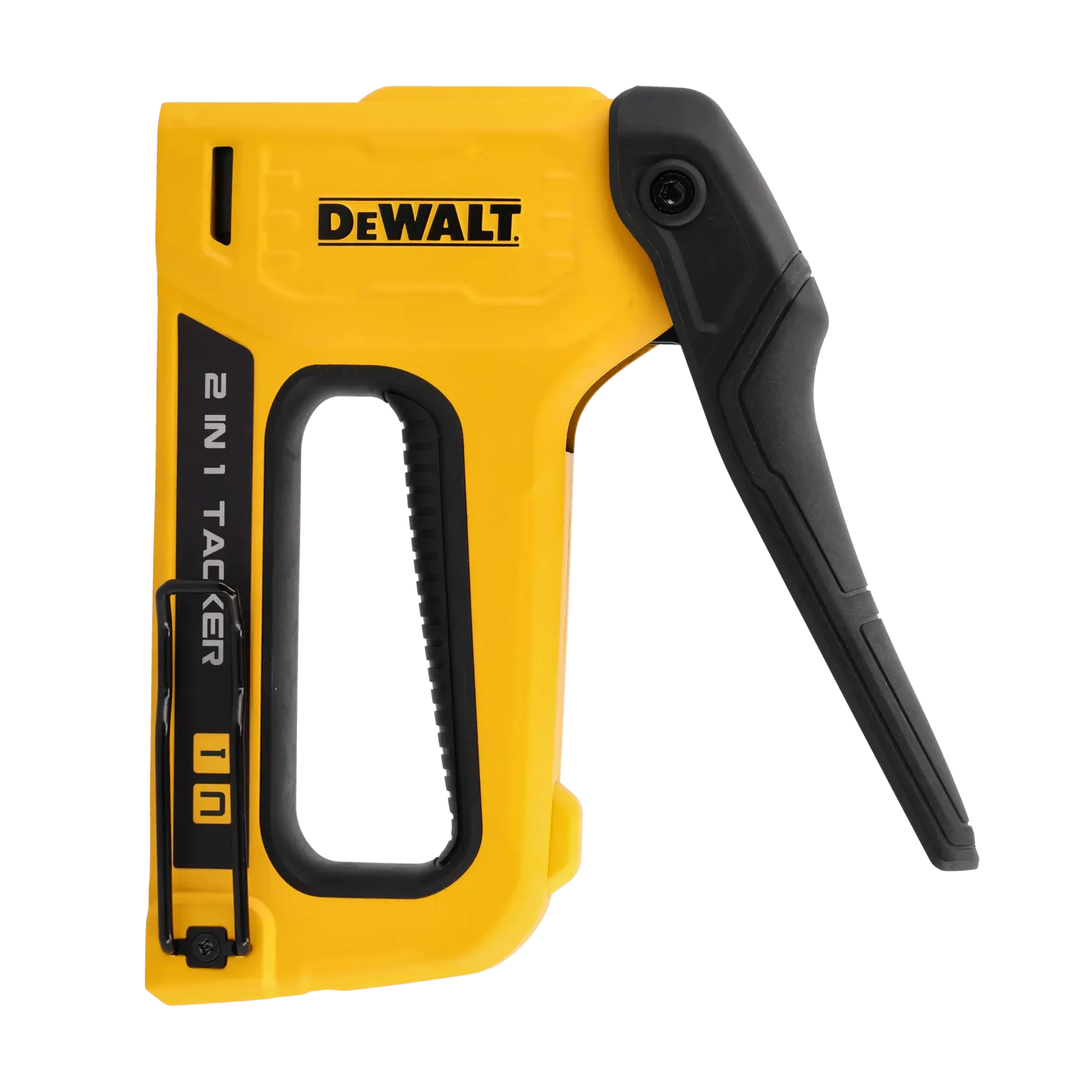 A yellow and black DeWalt 2-in-1 tacker, a handheld staple gun tool with an ergonomic grip and lever for manual operation, photographed against a white background.