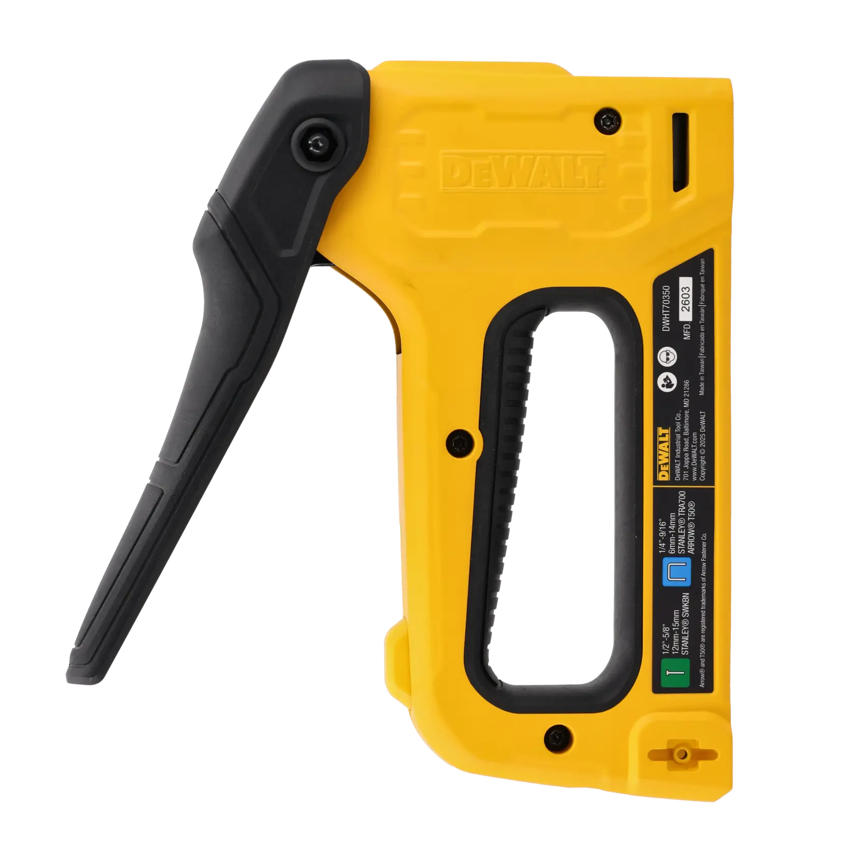 A close-up image of a yellow and black hand-operated staple gun tool, designed for driving staples into surfaces, with labeled instructions visible on the side.