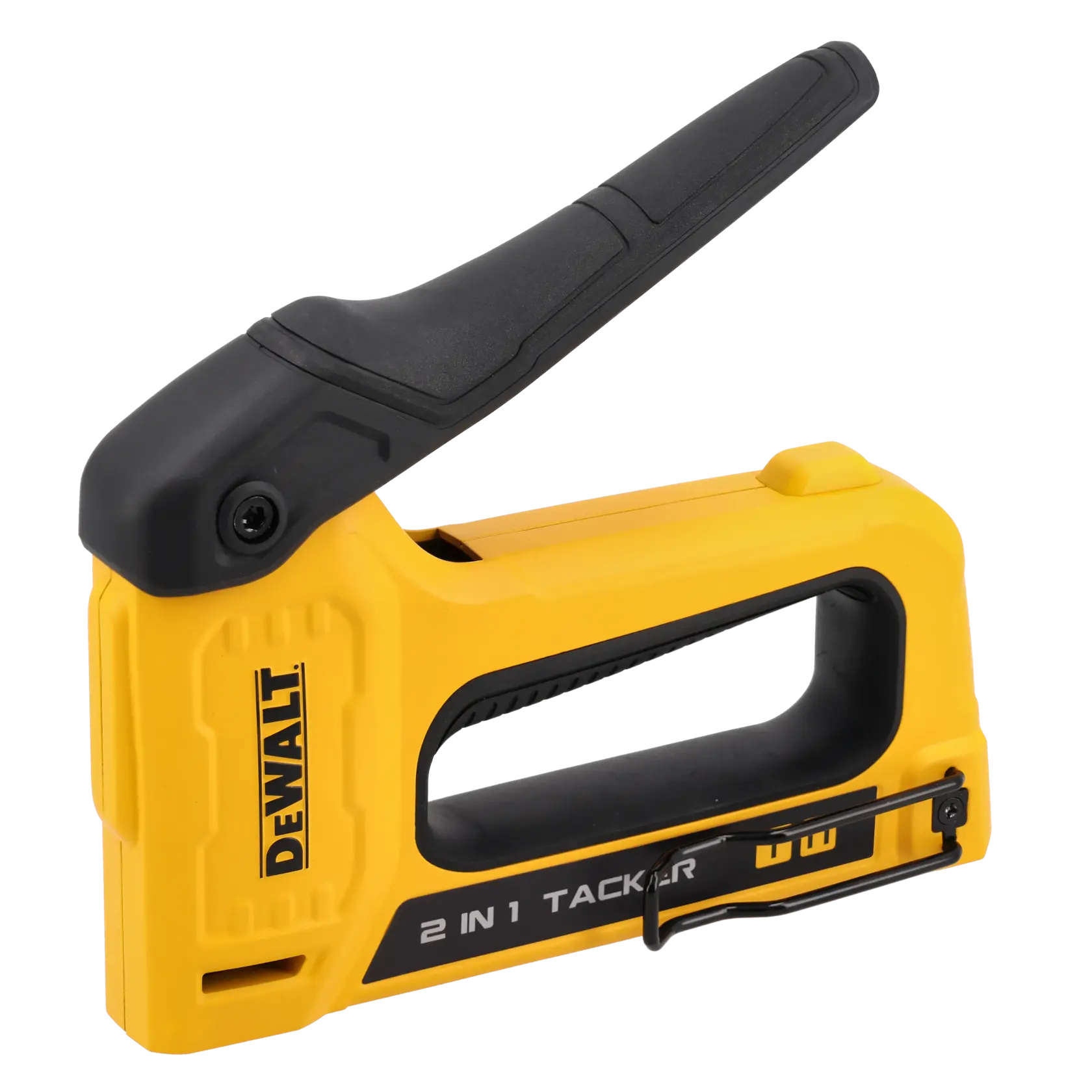 A yellow and black DEWALT 2-in-1 hand tacker with a large handle, designed for fastening materials in construction or crafts.