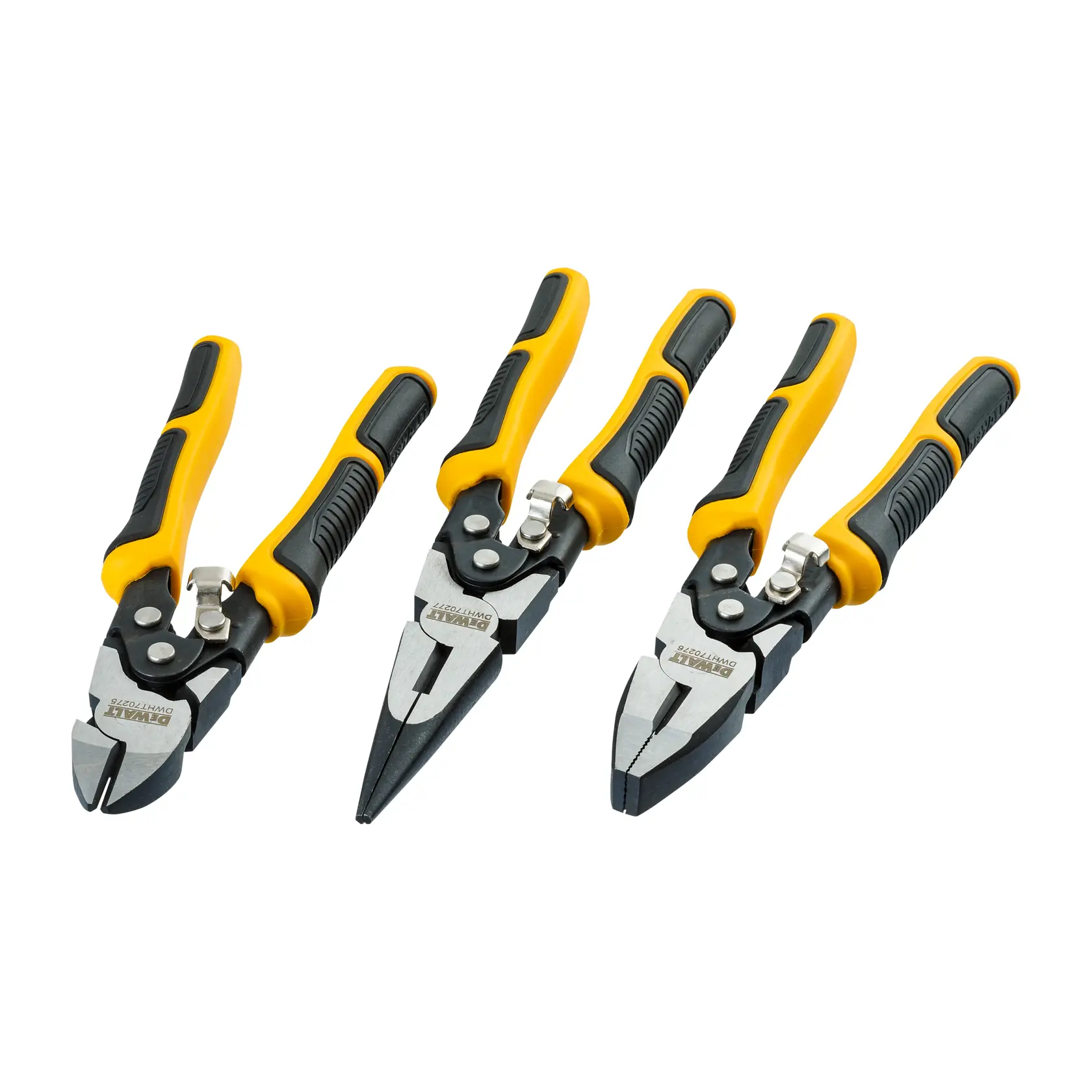 Three DEWALT pliers with yellow and black handles, presented side by side on a white background. The set includes a diagonal cutting plier, a long nose plier, and a combination plier.