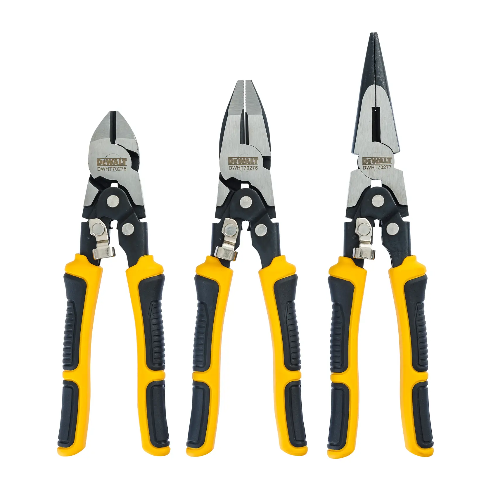 Three DEWALT hand tools, including diagonal cutting pliers, combination pliers, and long nose pliers, with black and yellow handles, displayed upright against a white background.