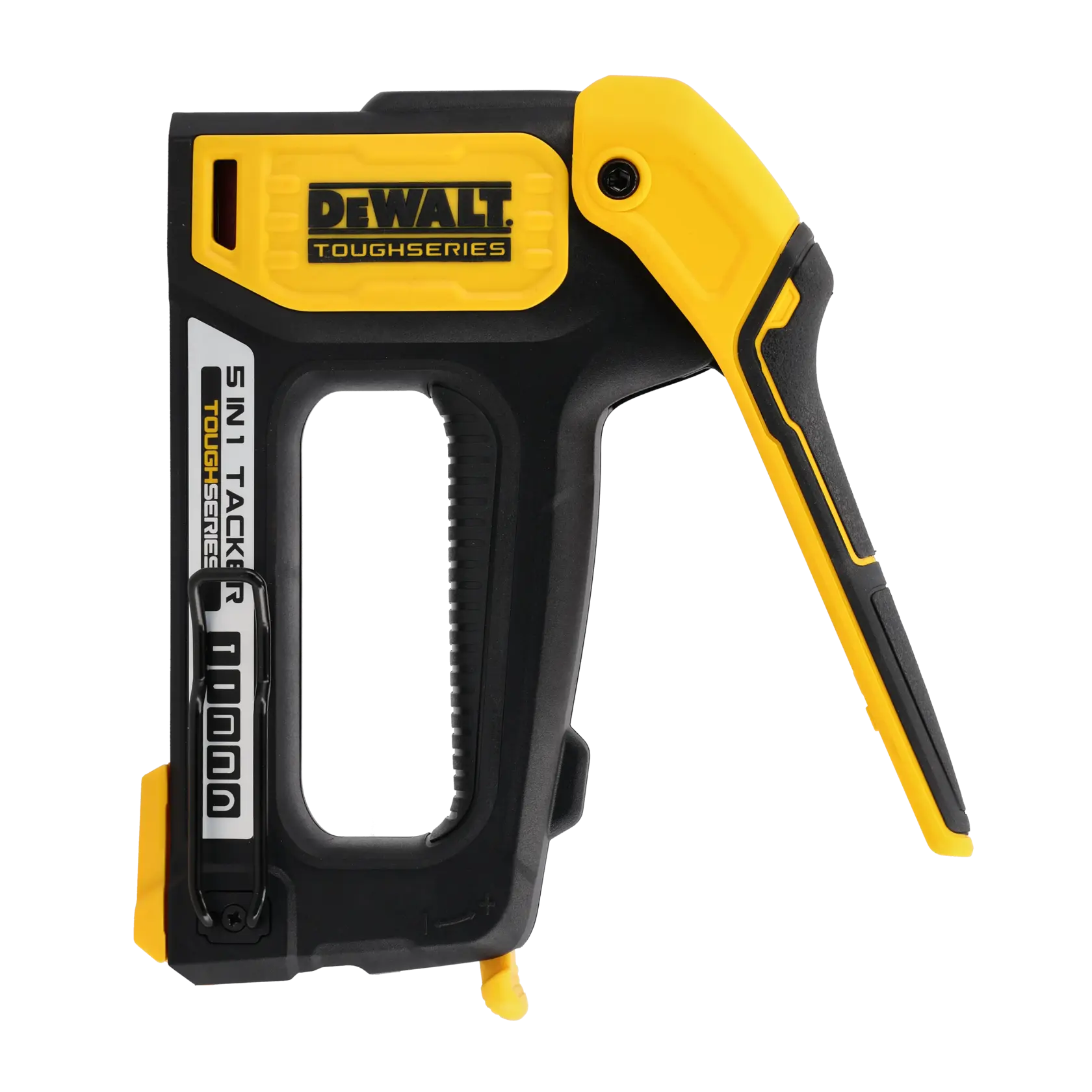 A DEWALT ToughSeries 5-in-1 staple and tack tool, primarily black with yellow accents, designed for heavy-duty fastening applications.
