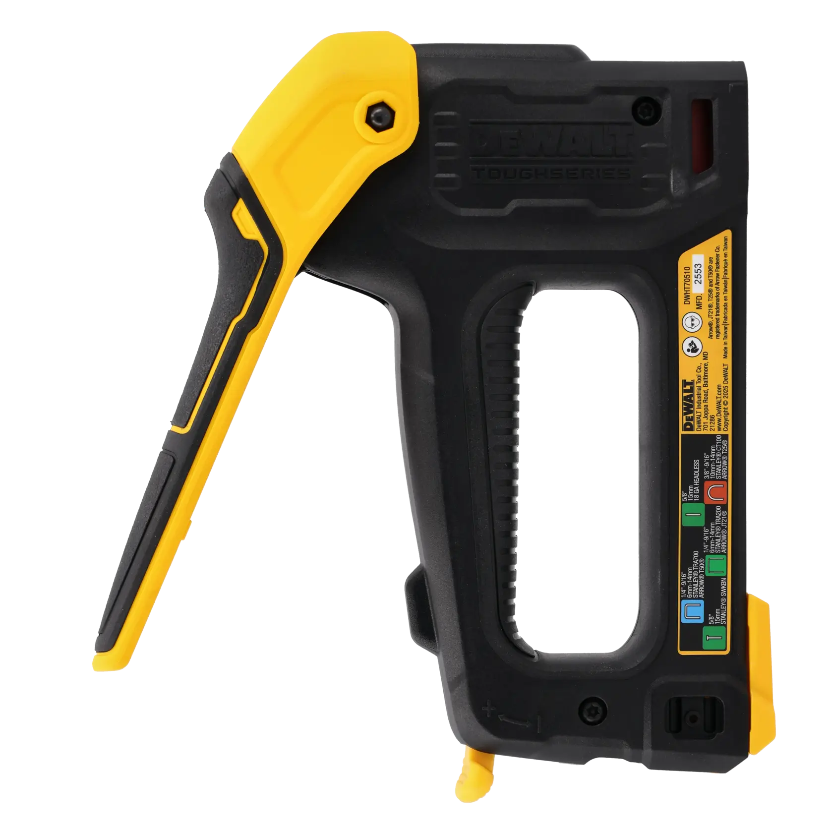 A DEWALT ToughSeries hand stapler tool in black and yellow with a grip handle, used for fastening staples. Product label and adjustment instructions are visible on the side.