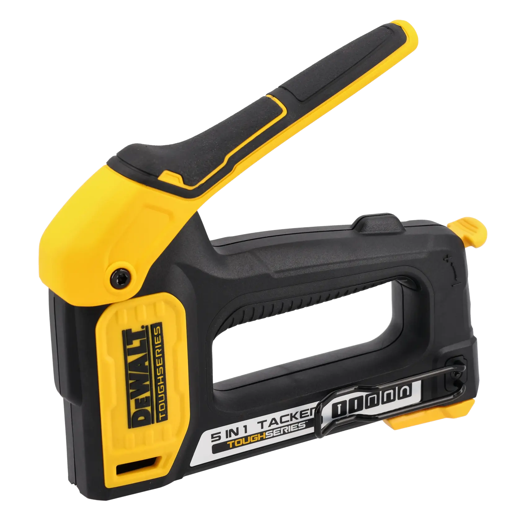 A DEWALT ToughSeries 5-in-1 hand tacker, featuring a yellow and black design. The tool is used for stapling and fastening, commonly in construction and DIY projects.