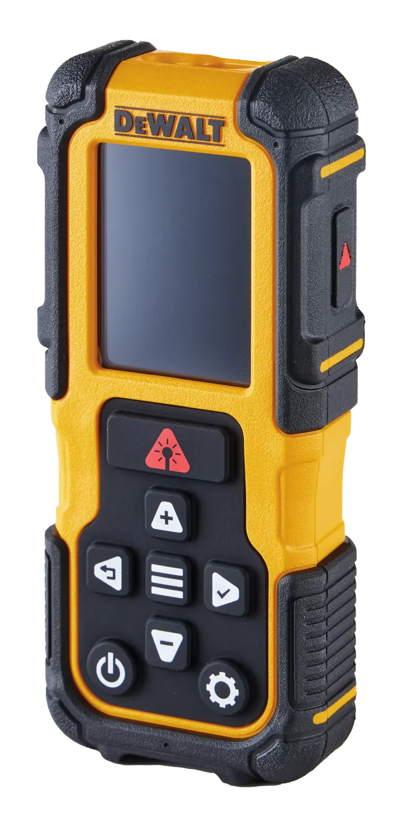 Side angle of the DEWALT® 200 ft. Alkaline Laser Distance Measurer on white