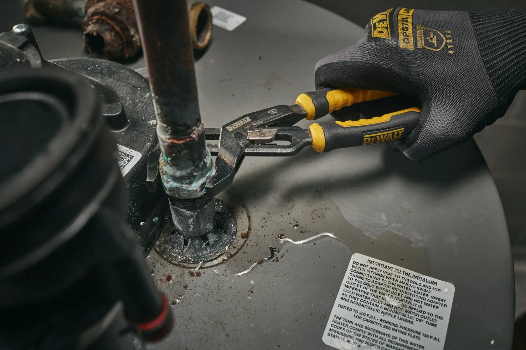 A person wearing DEWALT gloves uses DEWALT brand groove joint pliers (model DWHT82821) to tighten or loosen a metal pipe attached to a tank. The tank surface shows some water and corrosion, and DEWALT branding is visible on the tool and gloves.