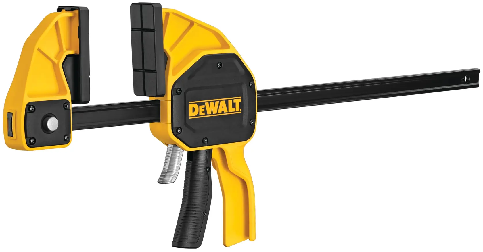 A DEWALT branded yellow and black trigger clamp, used for securing materials together in woodworking or construction projects.