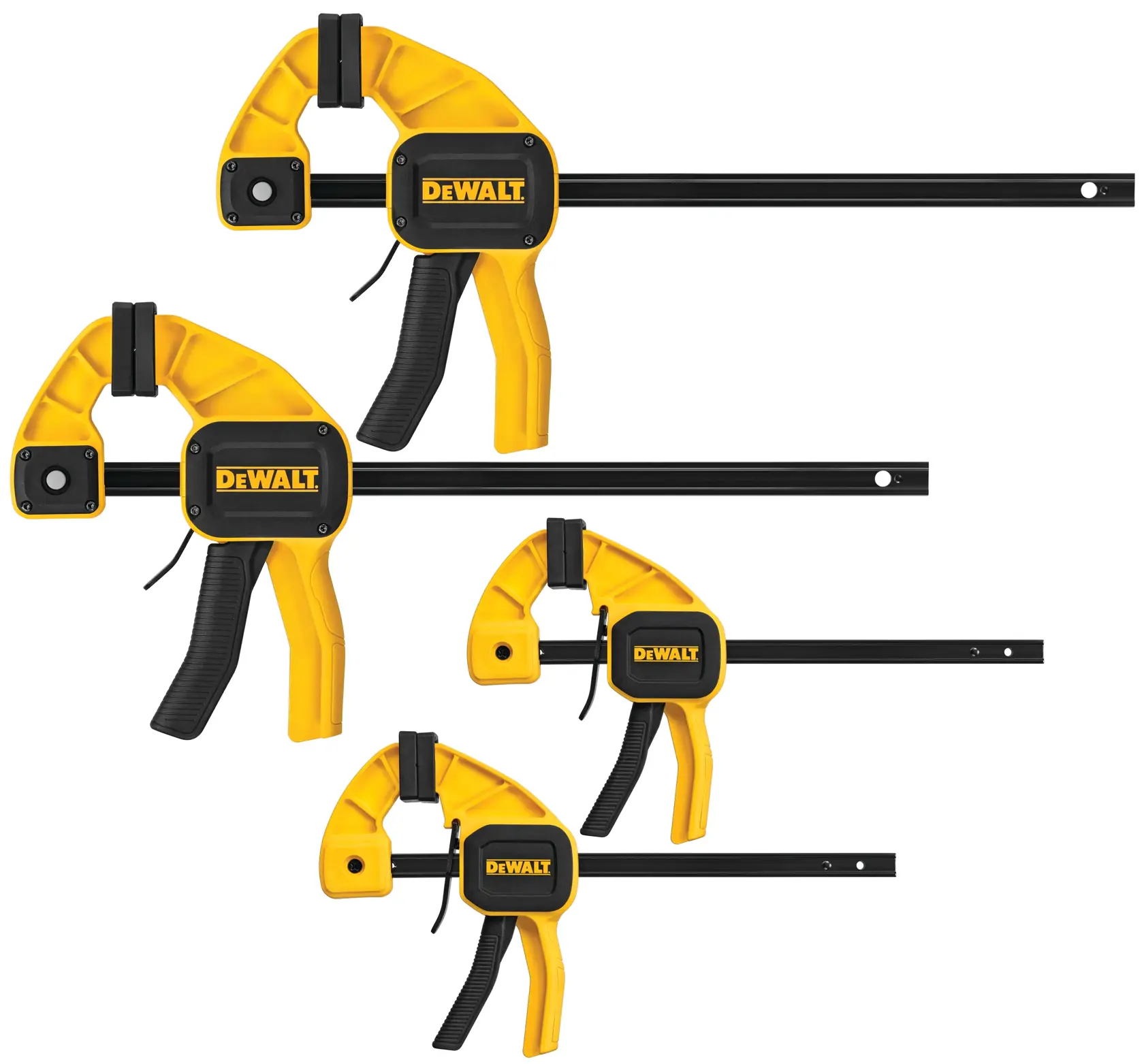 Four DEWALT quick grip bar clamps, with yellow and black handles and bodies, displayed on a white background. These clamps are used for holding materials securely during woodworking or other projects.