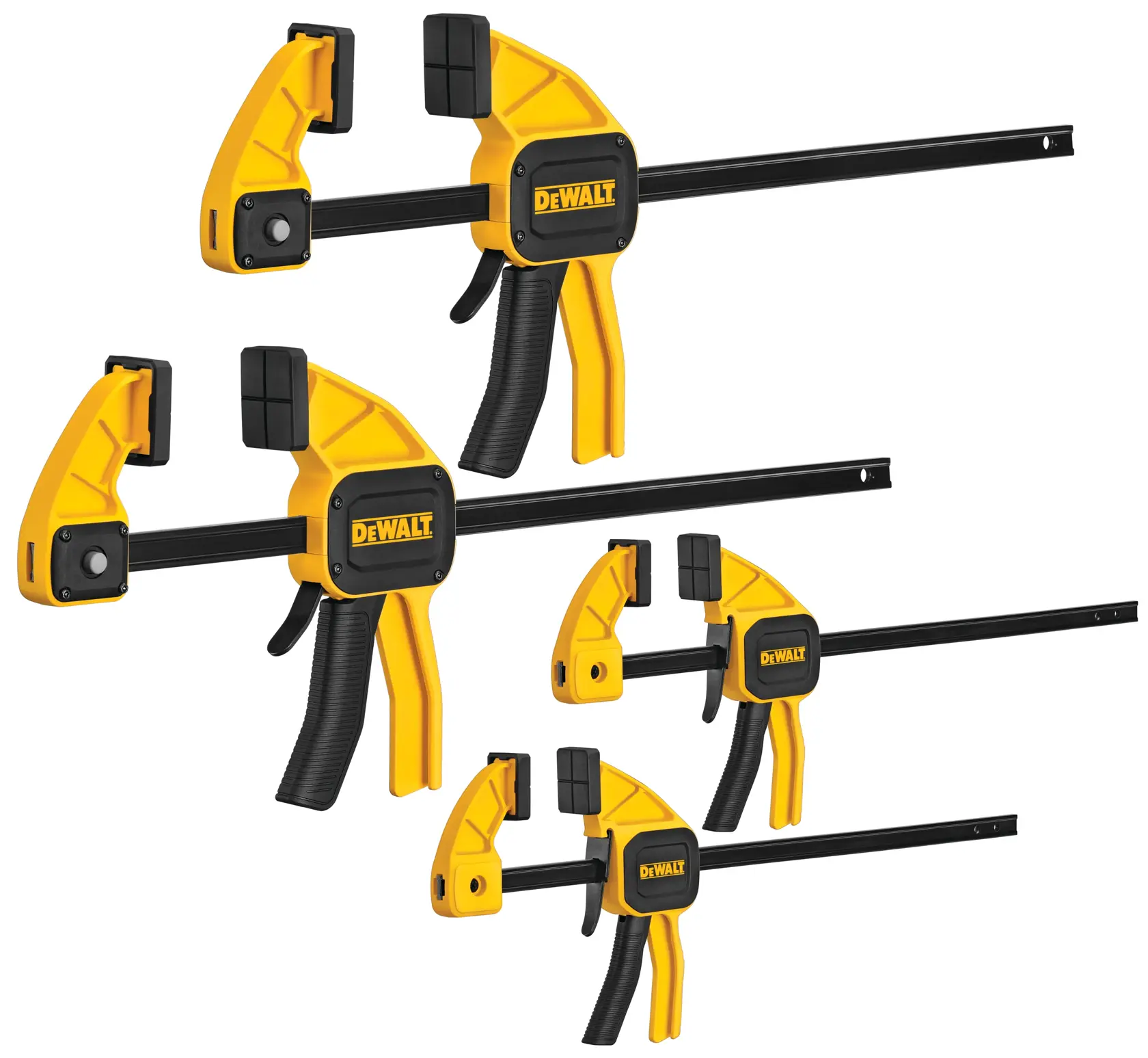 Four DEWALT plastic trigger clamps in various sizes, displayed against a white background. The clamps are yellow and black in color, with the DEWALT logo visible on the handle.