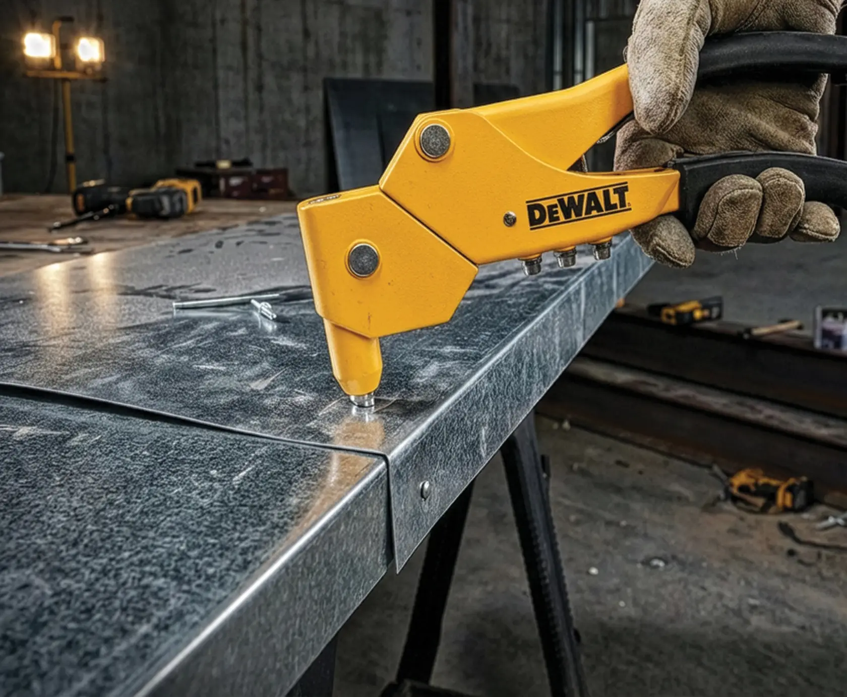 A gloved hand uses a yellow DEWALT rivet tool to fasten metal sheets together on a workbench in an industrial workshop setting.
