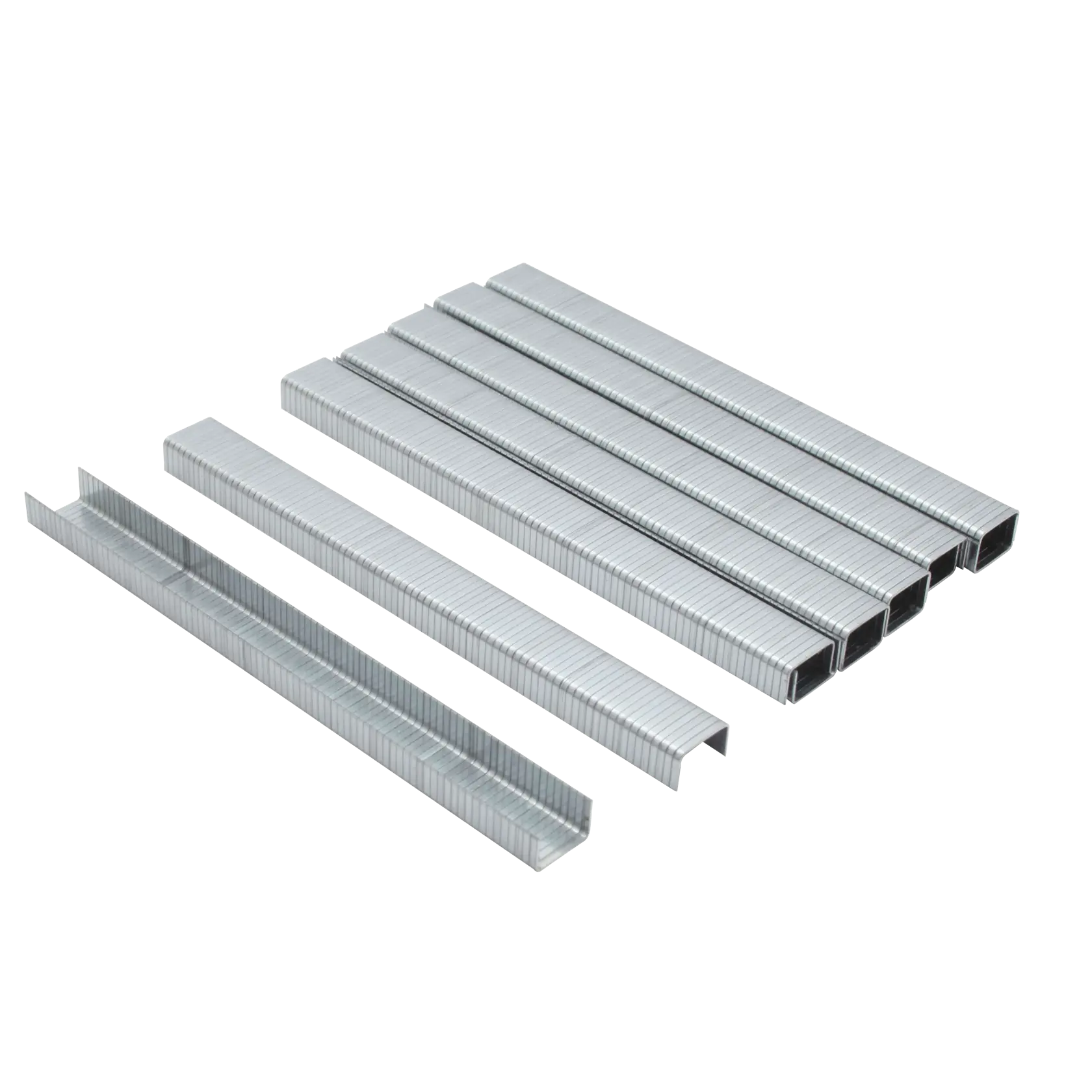 Several strips of silver metal staples arranged neatly, intended for use in a stapler.