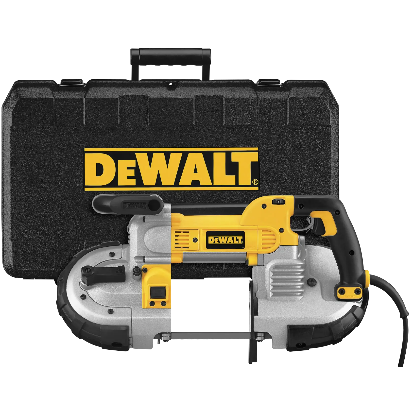 A DEWALT portable band saw with a black and yellow hard carrying case featuring the DEWALT logo.