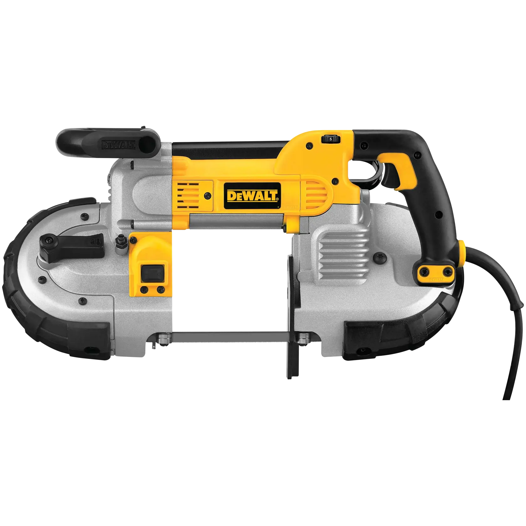 A DEWALT DWM120 portable band saw with a yellow and black design, shown against a white background. The saw features a large front handle, a rear handle with trigger, and an exposed blade in the center.