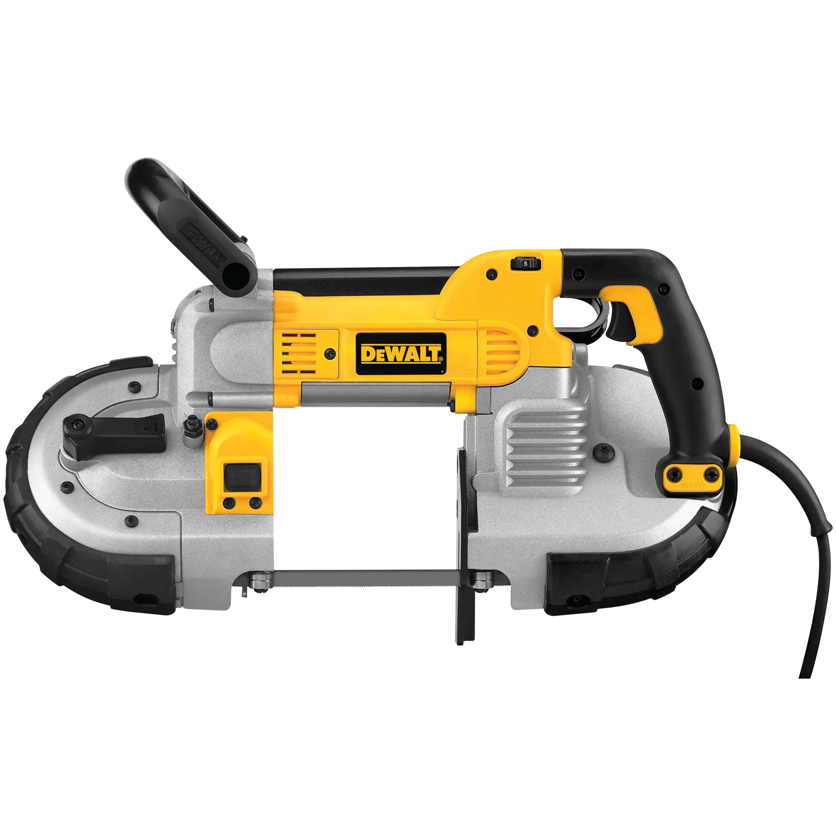A DEWALT portable band saw with a yellow and black handle and a silver metal body. The tool has a cord attached and is designed for cutting various materials.