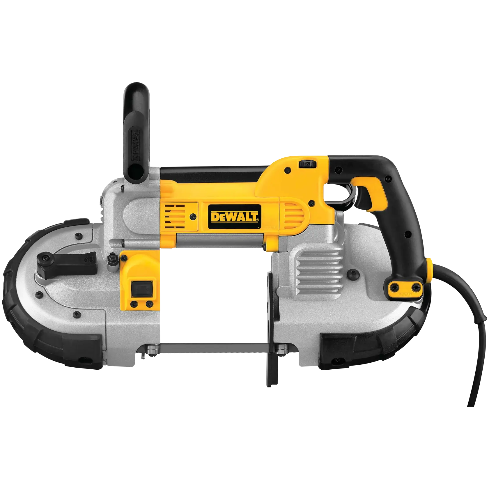 A DEWALT handheld electric band saw with a yellow and black handle, shown against a white background.